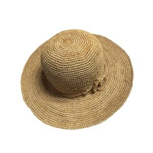 Talbots Sun Hat Women One Size Tan Excellent Woven Straw Flower Wide Brim